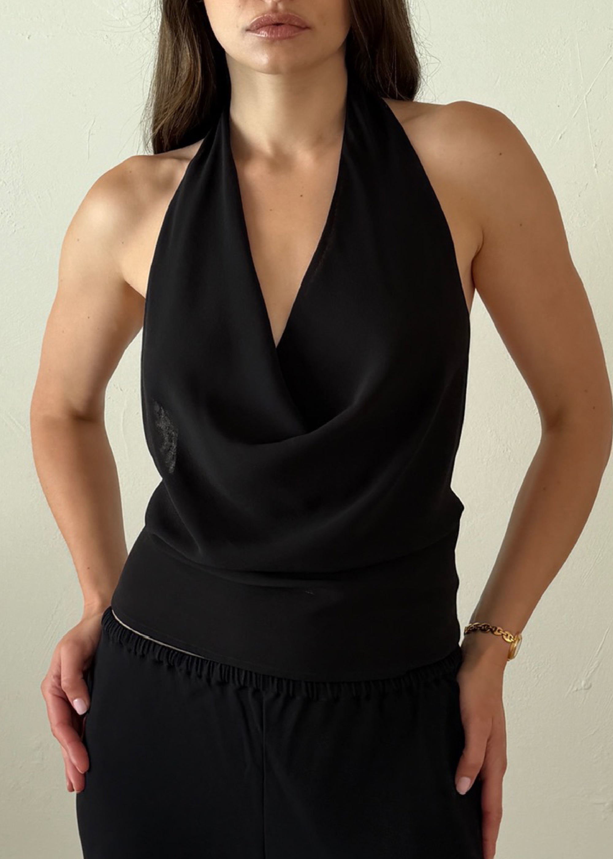 bella halter in black silk chiffon