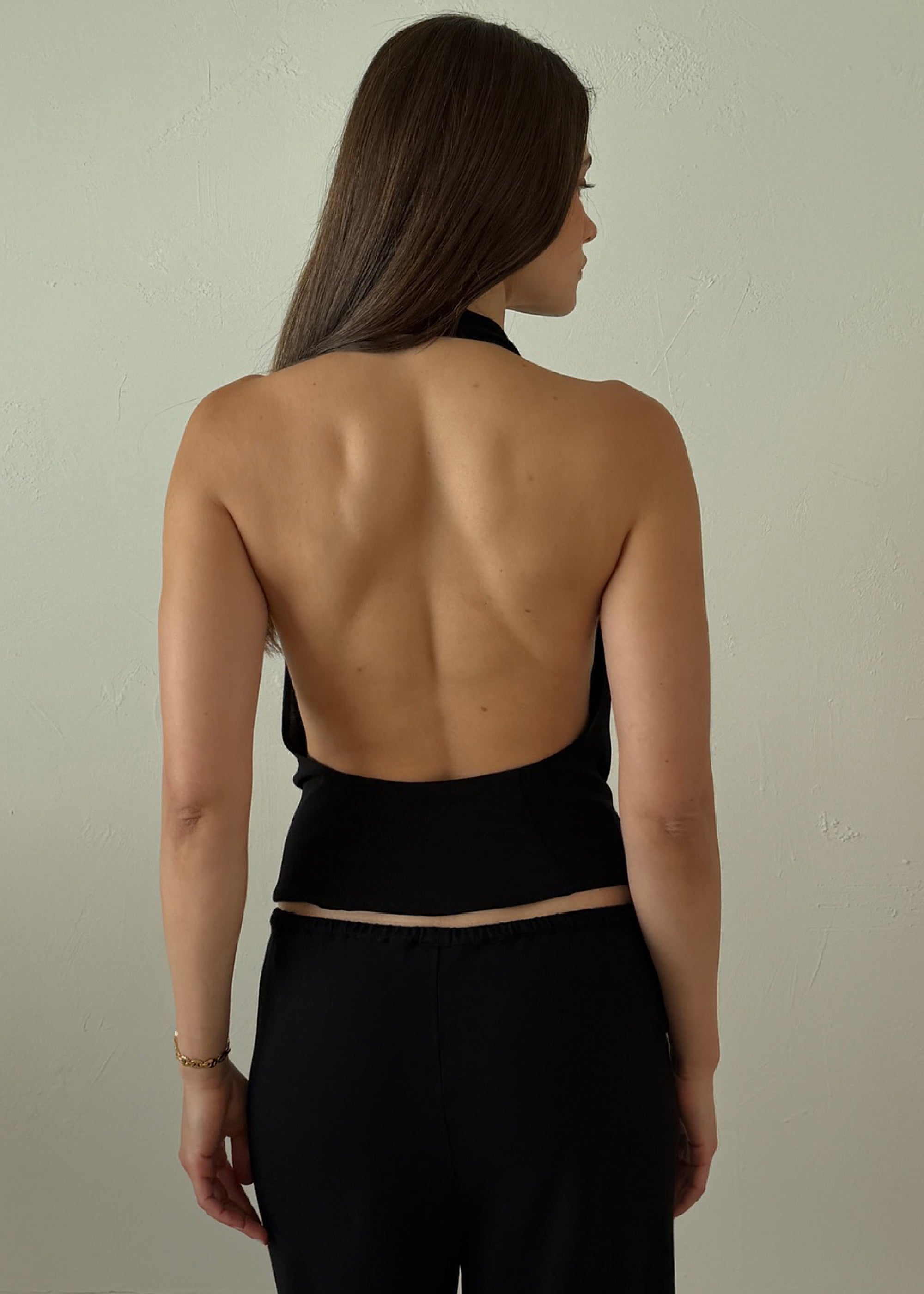 bella halter in black silk chiffon