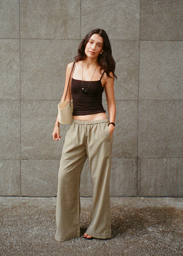 sofia pant in olive cotton twill blend - ships july 8