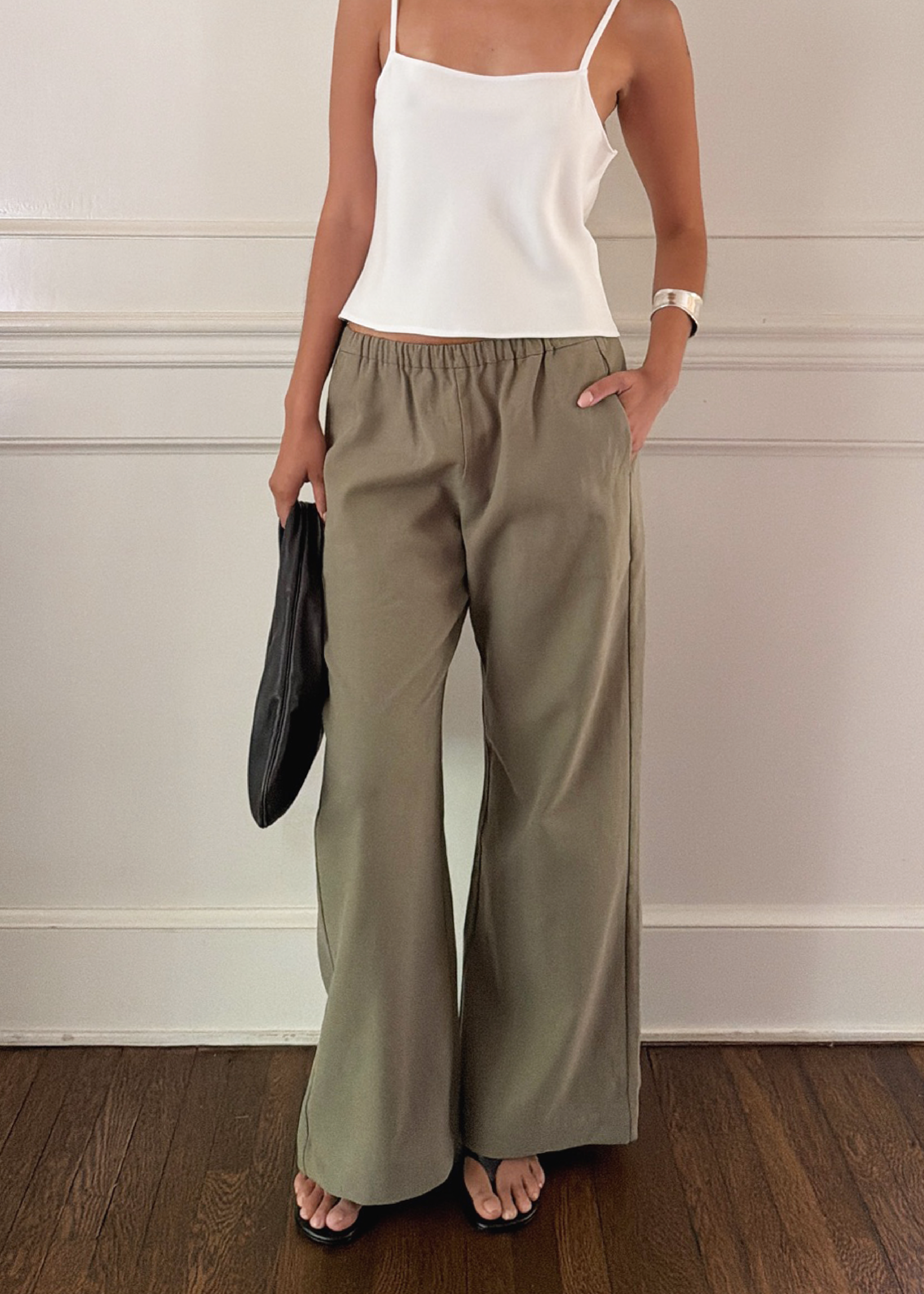 sofia pant in olive cotton twill blend