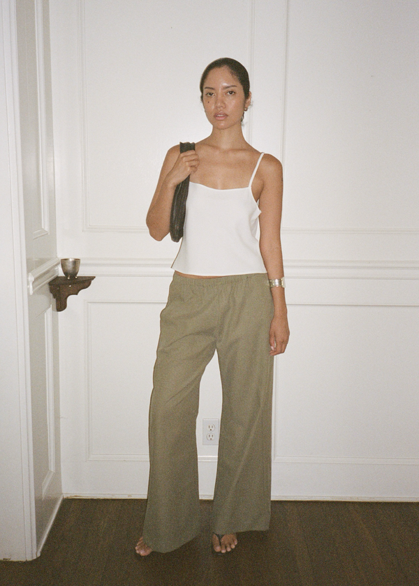 sofia pant in olive cotton twill blend